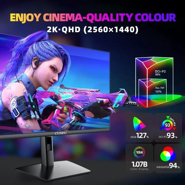 Alt view image 3 of 5 - CUNPU 27 Inch QHD 2560 x 1440 Gaming Monitor, 180Hz (Up to 200Hz),1ms GTG, Fast IPS, DCI-P3 93%, High Brightness 450cd/, G-Sync & FreeSync, Tilt Stand, DP/HDMI, 144Hz 2K Monitor