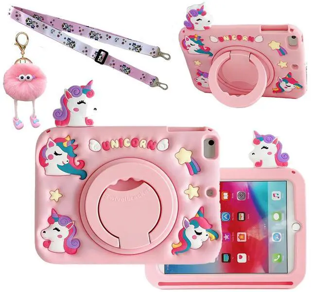 Main image of Lubiogio 3D Cute Unicorn Case for iPad mini 1st 2nd 3rd 4th 5th Gen 7.9 inch,Kawaii Cartoon Pretty Animal Soft Silicone Rotating Stand Case with Lanyard for Kids Teens Girls Women- Pink