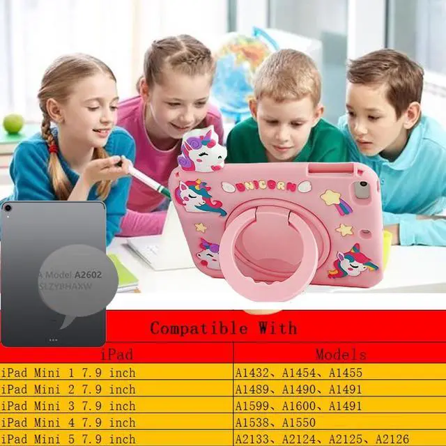 Alt view image 3 of 5 - Lubiogio 3D Cute Unicorn Case for iPad mini 1st 2nd 3rd 4th 5th Gen 7.9 inch,Kawaii Cartoon Pretty Animal Soft Silicone Rotating Stand Case with Lanyard for Kids Teens Girls Women- Pink