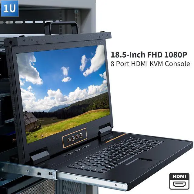 Alt view image 2 of 5 - 8 Port HDMI Rack Mount KVM Console 18.5-Inch 1080P with Cables, 1U Height LCD KVM Switch, Rackmount Monitor and Keyboard Mouse, OSD/Hotkey/Button Switching, 16:9 Aspect Ratio, Mount Depth 27" to 30.3"