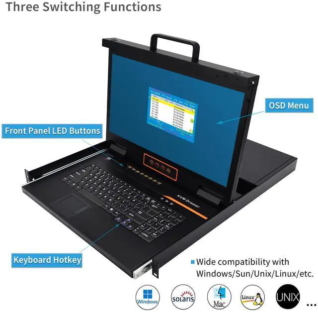 Alt view image 3 of 5 - 8 Port HDMI Rack Mount KVM Console 18.5-Inch 1080P with Cables, 1U Height LCD KVM Switch, Rackmount Monitor and Keyboard Mouse, OSD/Hotkey/Button Switching, 16:9 Aspect Ratio, Mount Depth 27" to 30.3"
