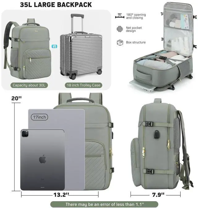 Alt view image 3 of 5 - MOMUVO Travel Backpack Sets for Women,Carry On Backpack Flight Approved,Large Laptop Backpack Luggage Backpack with USB Charging Port,18.4 Inch