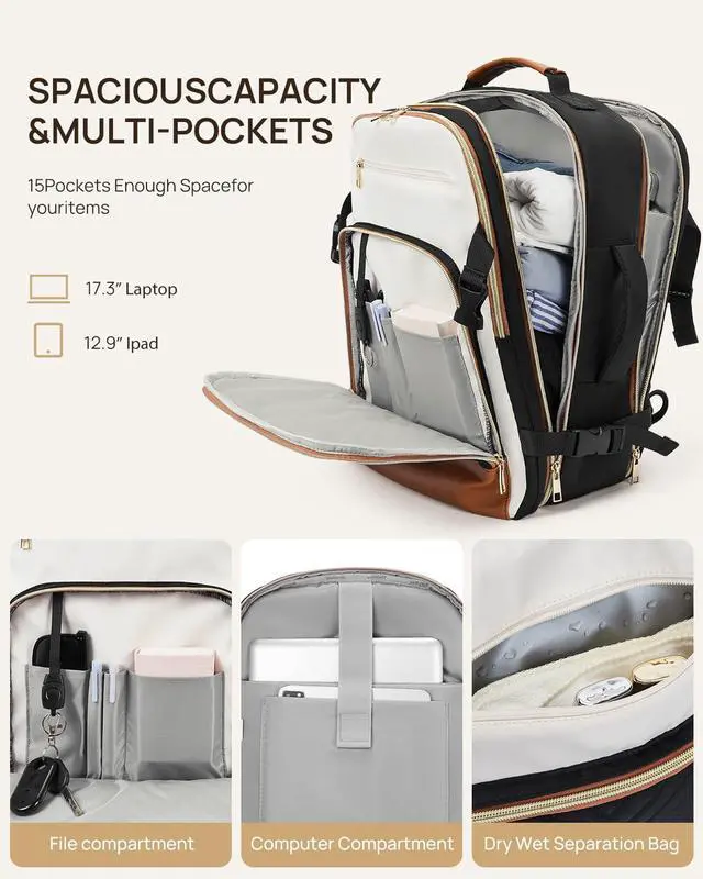 Alt view image 3 of 5 - Telena Travel Backpack for Women, 17.3 inch Laptop TSA Carry On Personal Item Size Flight Approved Travel Bag Daypack with Multi-Pockets for Work, Travel, Business, Black-Beige-Brown