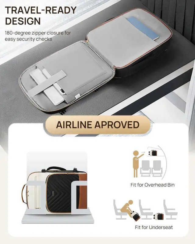 Alt view image 4 of 5 - Telena Travel Backpack for Women, 17.3 inch Laptop TSA Carry On Personal Item Size Flight Approved Travel Bag Daypack with Multi-Pockets for Work, Travel, Business, Black-Beige-Brown