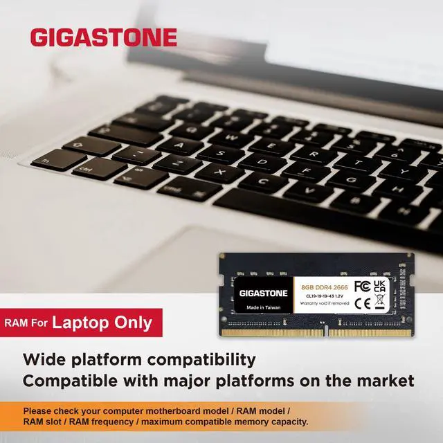Alt view image 3 of 5 - DDR4 RAM Laptop Only GIGASTONE 8GB DDR4 2666MHz (2400MHz or 2133MHz) PC4-21300 (PC4-19200/17000) CL19 1.2V SODIMM 260 Pin Unbuffered Non ECC High Performance Notebook Memory Upgrade