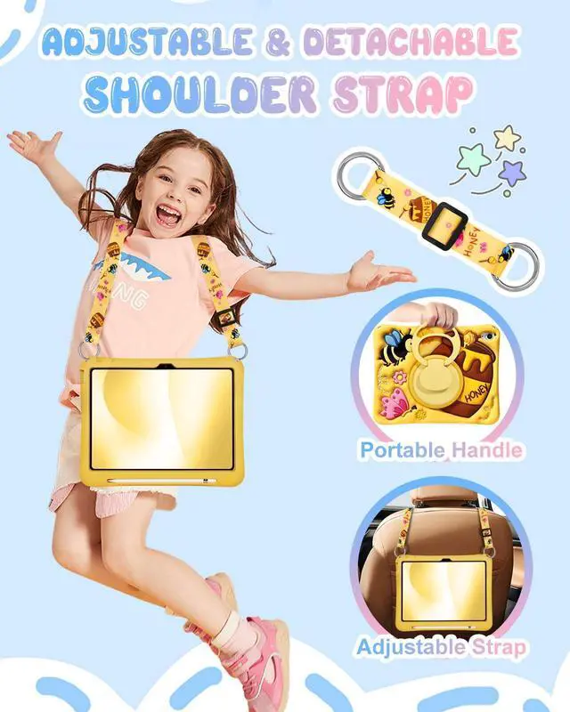 Alt view image 5 of 5 - Boaretiu for iPad A16 Case/10th Generation Case - with Pencil Holder & Shoulder Strap & Rotating Stand Yellow Cute Cartoon for Girls Boys Silicone for iPad 11th Generation 11 Inch 2025