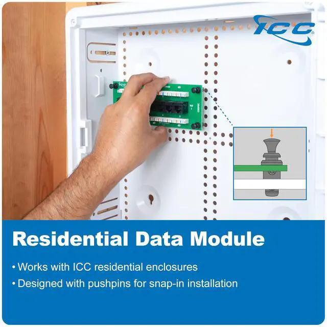 Alt view image 2 of 5 - ICC CAT6 Ethernet Data Module, 8 Ports, UL Listed & PoE++ Rated, High-Performance Network Interface, Quick Push-Pin Mount, Fits 9", 14", and 28" Structured Wiring Enclosures