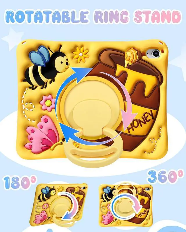 Alt view image 3 of 5 - Boaretiu for iPad A16 Case/10th Generation Case - with Pencil Holder & Shoulder Strap & Rotating Stand Yellow Cute Cartoon for Girls Boys Silicone for iPad 11th Generation 11 Inch 2025