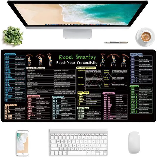 Alt view image 4 of 4 - Excel Shortcut Keys Mouse Pad - Extended Large XXL Cheat Sheet Gaming Mousepad - PC Office Spreadsheet Keyboard Mat - Non-Slip Stitched Edge (35.43x15.75x0.12 inches)