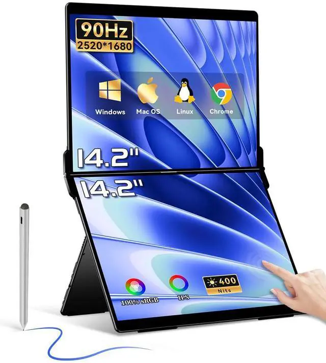 Main image of EHOMEWEI X2 Air, Touch Dual Screen with Stylus,14.2 Inch 2.8K IPS Display, 90Hz Dual Screen, Black, 400 Nit Brightness, 100% sRGB, for Office Working (Dual Screen Touch, 14.2")
