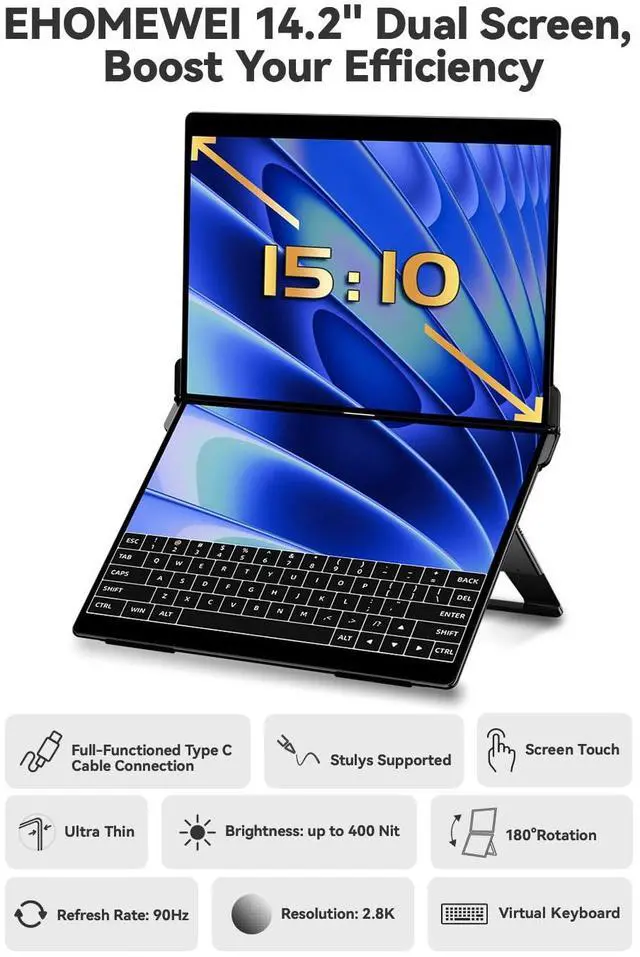 Alt view image 3 of 5 - EHOMEWEI X2 Air, Touch Dual Screen with Stylus,14.2 Inch 2.8K IPS Display, 90Hz Dual Screen, Black, 400 Nit Brightness, 100% sRGB, for Office Working (Dual Screen Touch, 14.2")