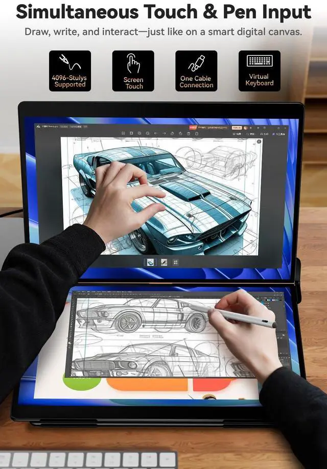 Alt view image 2 of 5 - EHOMEWEI X2 Air, Touch Dual Screen with Stylus,14.2 Inch 2.8K IPS Display, 90Hz Dual Screen, Black, 400 Nit Brightness, 100% sRGB, for Office Working (Dual Screen Touch, 14.2")
