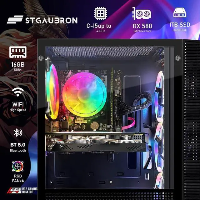 Alt view image 3 of 5 - STGAubron Gaming PC Computer Desktop, Intel Core i5-9400F up to 4.1GHz, Radeon RX 580 16G, 16G DDR4, 1T SSD, 600M WiFi, BT 5.0, RGB Fan x 4, Windows 11 Home