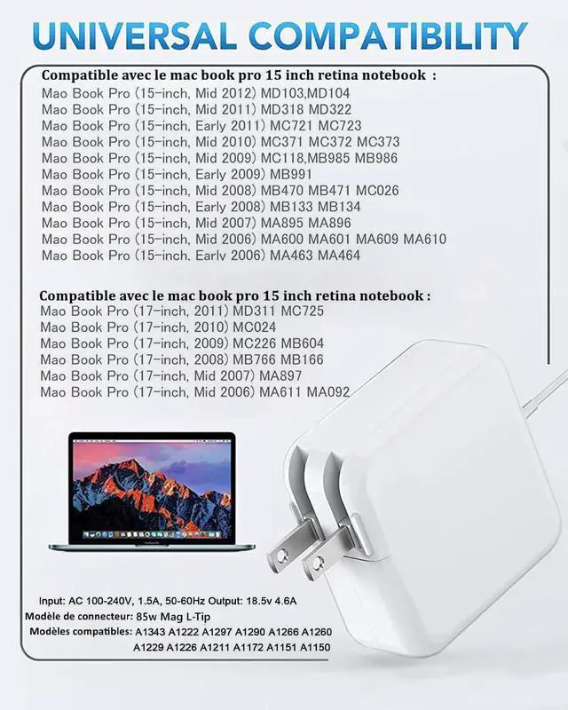 Alt view image 2 of 5 - 85W Mac Book Pro Charger, Mag 1 Power Adapter, Compatible with Mac Book Pro 13 inch-15 inch Retina (Before mid 2012 Models)