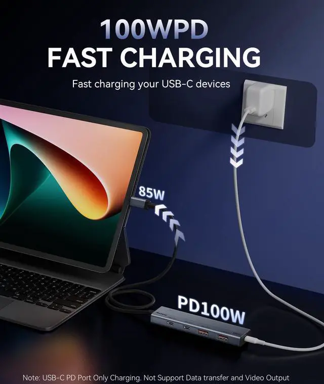 Alt view image 3 of 5 - Aceele USB C Hub 10Gbps, USB 3.2 Gen 2 HUB with 2 USB-C 3.2 and 2 USB-A 3.2 Port, 100W PD Charging, 3.3FT Cable Type C Splitter for MacBook Pro/Air, iPad Pro and More(Not Support Extend Monitor)