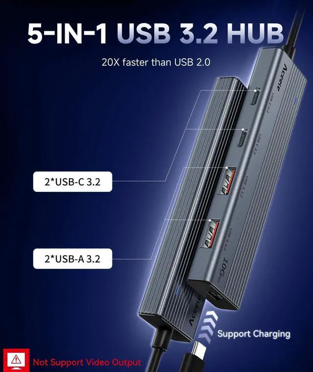 Alt view image 4 of 5 - Aceele USB C Hub 10Gbps, USB 3.2 Gen 2 HUB with 2 USB-C 3.2 and 2 USB-A 3.2 Port, 100W PD Charging, 3.3FT Cable Type C Splitter for MacBook Pro/Air, iPad Pro and More(Not Support Extend Monitor)