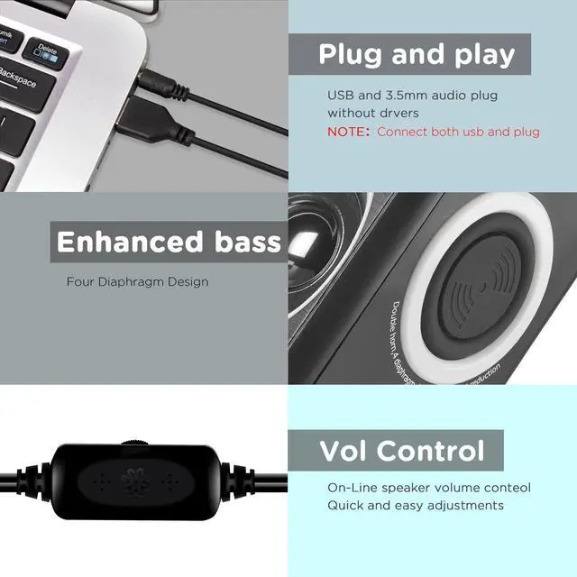 Alt view image 5 of 5 - RECCAZR Computer Speakers with Surround Sound 2.0CH USB Wired Powered Multimedia Speaker for Desktop/TV/PC/Laptops/Smart Phone Built-in Four Loudspeaker Diaphragm (Gray)