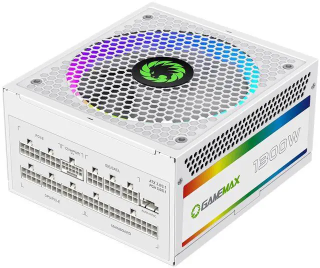 Main image of GAMEMAX 1300W Power Supply, ATX 3.0 & PCIE 5.0 Ready, 80+ Platinum Certified, Addressable RGB with 5V Motherboard Sync, 100% Japanese Capacitors, Fully Modular, RGB-1300-White