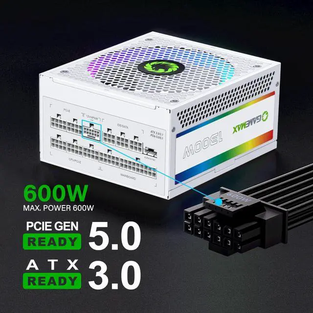 Alt view image 3 of 5 - GAMEMAX 1300W Power Supply, ATX 3.0 & PCIE 5.0 Ready, 80+ Platinum Certified, Addressable RGB with 5V Motherboard Sync, 100% Japanese Capacitors, Fully Modular, RGB-1300-White