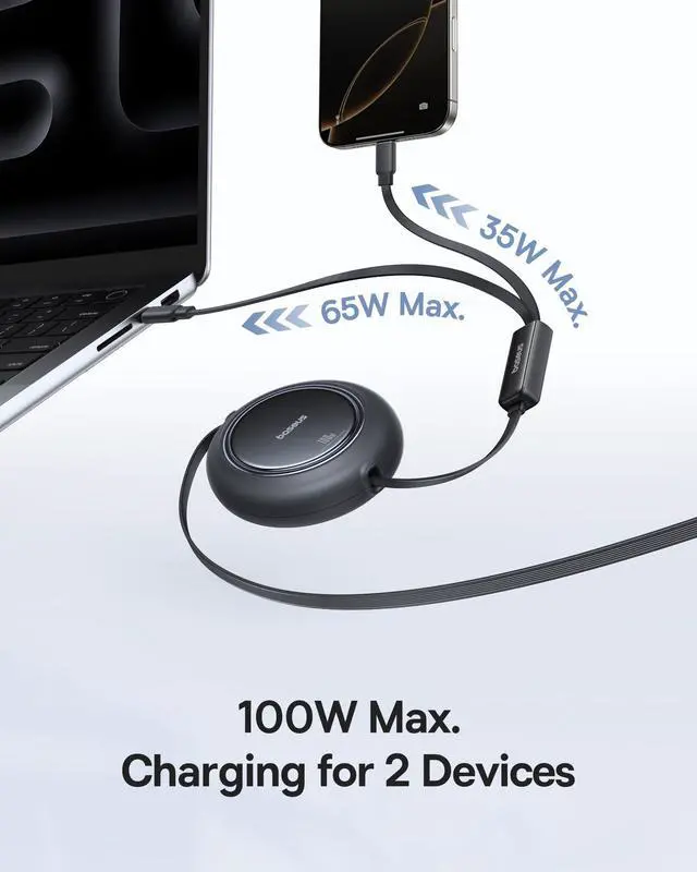 Alt view image 2 of 5 - Baseus Retractable USB C Cable, 100W 2 in 1 USBC to USBC Multi Fast Charging Cable, 5 Length Presets, 4ft 5A Type C Charger Cord for iPhone 17 Pro/Plus/Max, Galaxy S24/S23, iPad Pro, Tablet