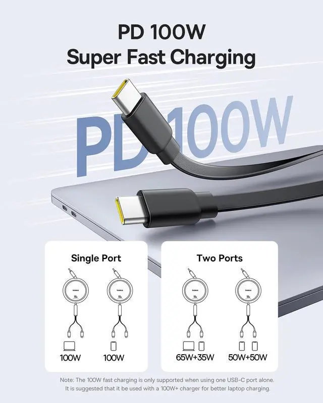 Alt view image 3 of 5 - Baseus Retractable USB C Cable, 100W 2 in 1 USBC to USBC Multi Fast Charging Cable, 5 Length Presets, 4ft 5A Type C Charger Cord for iPhone 17 Pro/Plus/Max, Galaxy S24/S23, iPad Pro, Tablet