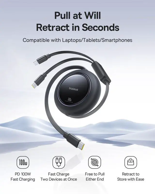 Alt view image 5 of 5 - Baseus Retractable USB C Cable, 100W 2 in 1 USBC to USBC Multi Fast Charging Cable, 5 Length Presets, 4ft 5A Type C Charger Cord for iPhone 17 Pro/Plus/Max, Galaxy S24/S23, iPad Pro, Tablet
