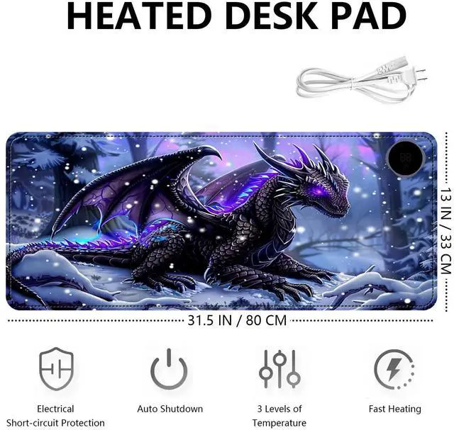 Alt view image 2 of 5 - Heated Mouse Pad with 3 Levels Heated & 3 Hours Auto Shut-Off Mouse Pad for Warming Hands in Office Home, 31.5" x 13"Large Safe Desk Mat Hand WarmerPurple Flying Dragon