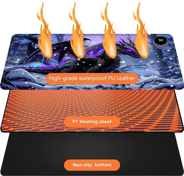 Alt view image 3 of 5 - Heated Mouse Pad with 3 Levels Heated & 3 Hours Auto Shut-Off Mouse Pad for Warming Hands in Office Home, 31.5" x 13"Large Safe Desk Mat Hand WarmerPurple Flying Dragon