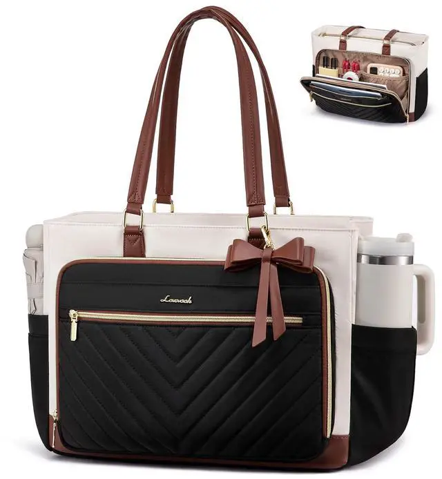 Main image of LOVEVOOK Laptop Teacher Tote Bag for Women, Work Nurse Bag with Large Cup Holder, Quilted Diaper Bag for Travel, Computer Women's handbags for Teacher gift, Beige-black-brown, 17.3 Inch