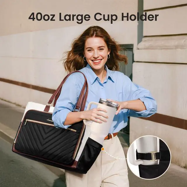 Alt view image 2 of 5 - LOVEVOOK Laptop Teacher Tote Bag for Women, Work Nurse Bag with Large Cup Holder, Quilted Diaper Bag for Travel, Computer Women's handbags for Teacher gift, Beige-black-brown, 17.3 Inch