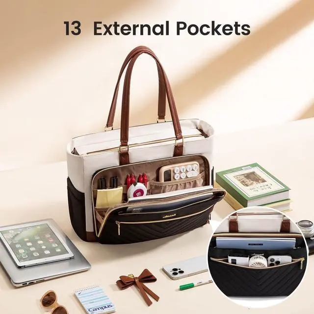 Alt view image 3 of 5 - LOVEVOOK Laptop Teacher Tote Bag for Women, Work Nurse Bag with Large Cup Holder, Quilted Diaper Bag for Travel, Computer Women's handbags for Teacher gift, Beige-black-brown, 17.3 Inch