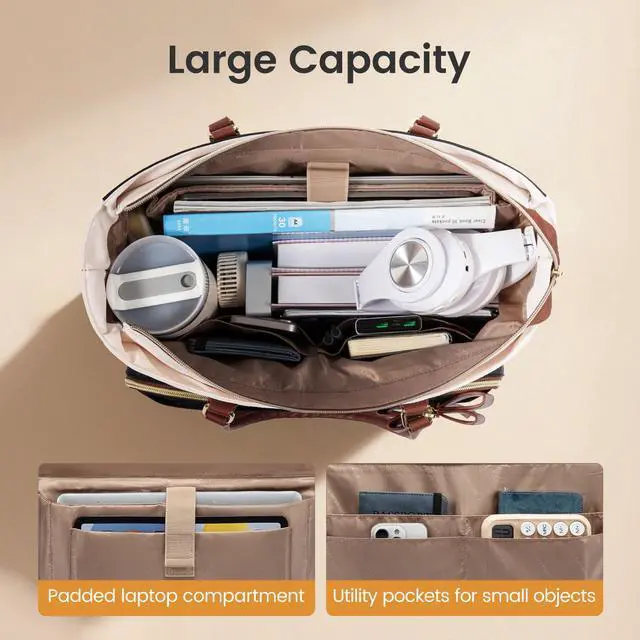 Alt view image 5 of 5 - LOVEVOOK Laptop Teacher Tote Bag for Women, Work Nurse Bag with Large Cup Holder, Quilted Diaper Bag for Travel, Computer Women's handbags for Teacher gift, Beige-black-brown, 17.3 Inch