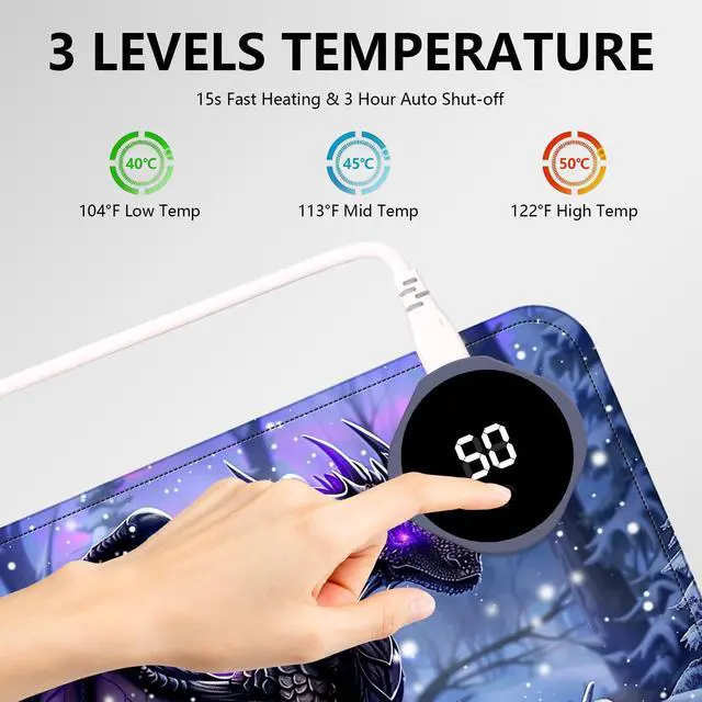 Alt view image 5 of 5 - Heated Mouse Pad with 3 Levels Heated & 3 Hours Auto Shut-Off Mouse Pad for Warming Hands in Office Home, 31.5" x 13"Large Safe Desk Mat Hand WarmerPurple Flying Dragon