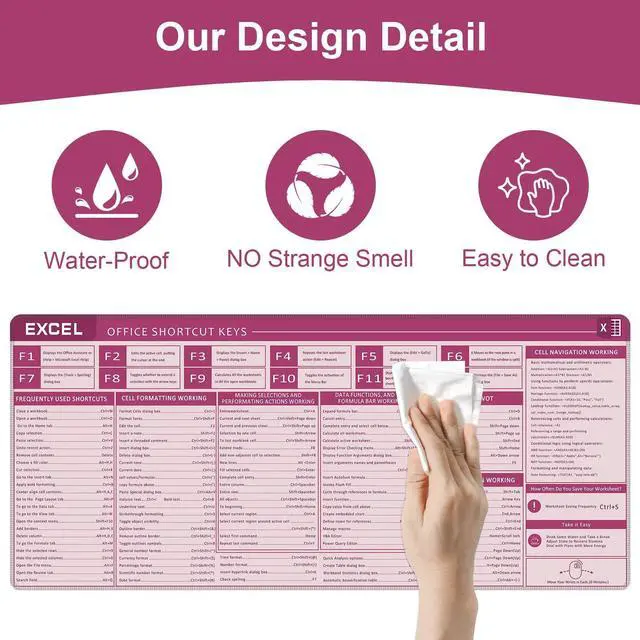Alt view image 3 of 5 - Baziabbo Office Desk Mat, Excel Cheat Sheet Keyboard Mat, Excel Shortcut Desk Pads,Non-Slip Excel Mousepad with Stitched Edges for Computer (Sheet Pink)