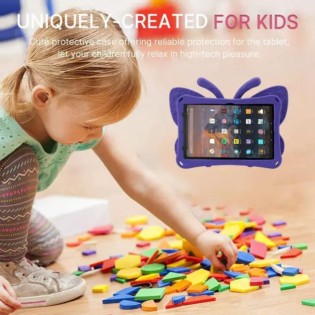 Alt view image 3 of 5 - Simicoo Amazon Fire 7 Tablet 12th Gen 2022 Case Cute Butterfly Case with Stand for Kids Light Weight EVA Rugged Shockproof Heavy Duty Kids Friendly Full Cover for Fire 7 2022 (Purple)