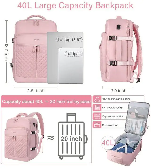 Alt view image 3 of 5 - MOSISO 40L Travel Backpack for Women, Rhombus Quilted Flight Approved Carry on Daypack with USB Charging Port&Drawstring Bag, 17-17.3 inch Laptop Backpack for Office Work Travel Essentials, Pink