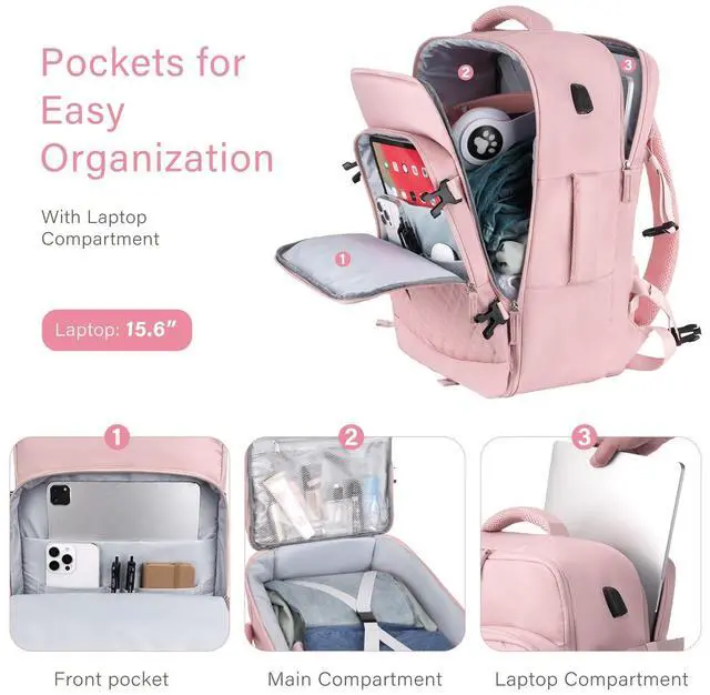 Alt view image 4 of 5 - MOSISO 40L Travel Backpack for Women, Rhombus Quilted Flight Approved Carry on Daypack with USB Charging Port&Drawstring Bag, 17-17.3 inch Laptop Backpack for Office Work Travel Essentials, Pink