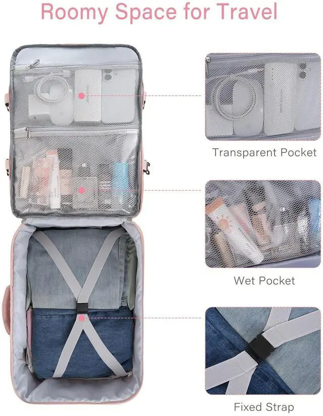 Alt view image 5 of 5 - MOSISO 40L Travel Backpack for Women, Rhombus Quilted Flight Approved Carry on Daypack with USB Charging Port&Drawstring Bag, 17-17.3 inch Laptop Backpack for Office Work Travel Essentials, Pink