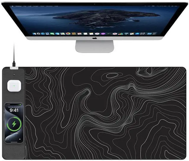 Main image of TopMade Mouse Pad with 15W Fast Wireless Charging, 31.5"x15.75" XXL Large Gaming Waterproof Desk Pad with Ultra-Smooth Surface, Non-Slip Base, Computer Desk Mat, Black Topographic Map #2