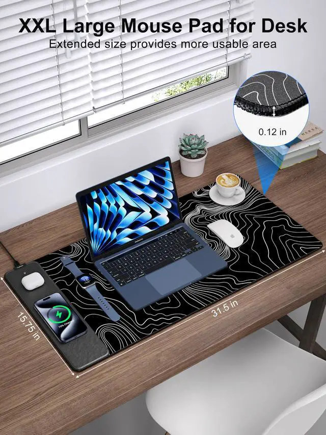 Alt view image 3 of 5 - TopMade Mouse Pad with 15W Fast Wireless Charging, 31.5"x15.75" XXL Large Gaming Waterproof Desk Pad with Ultra-Smooth Surface, Non-Slip Base, Computer Desk Mat, Black Topographic Map #2