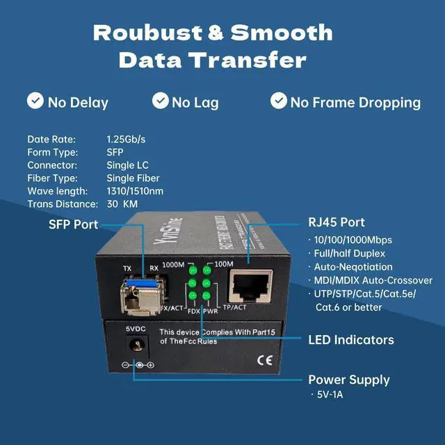 Alt view image 3 of 5 - 1 Pair Fiber Ethernet Media Converter, Includes 1 Pair 1.25G Single-Mode Single-Fiber SFP Transceiver, Gigabit SFP to RJ45 Converter with 1000BASE-SX SFP to LC Module (WDM 1310&1550nm, Up to 30KM)