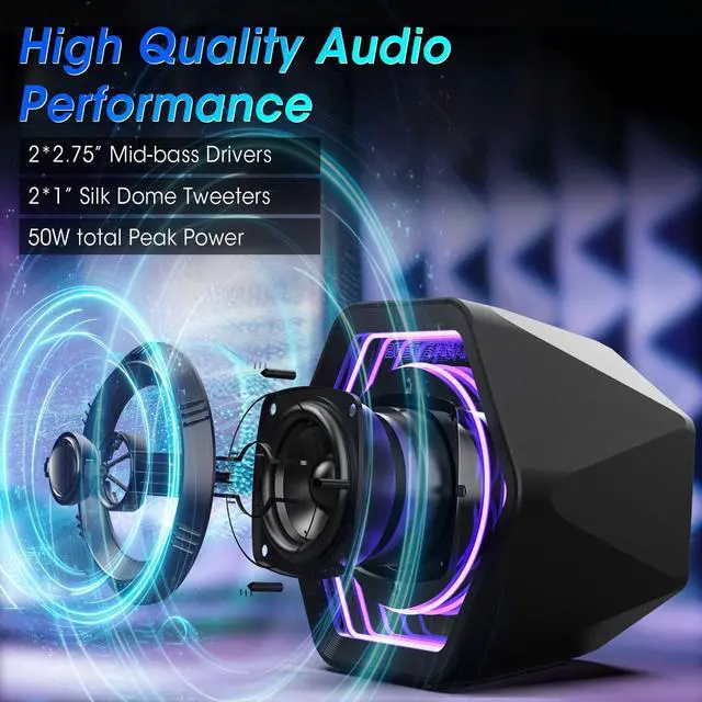 Alt view image 2 of 5 - BESTISAN Computer Gaming Speakers with 8 RGB Modes, Compact Design, DC Powered Desktop Speaker with 3 EQ Modes, 50W Active Speakers with Bluetooth 5.3, AUX in, Headphone, Type-C Port for PC/Laptop/TV