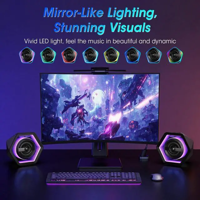 Alt view image 5 of 5 - BESTISAN Computer Gaming Speakers with 8 RGB Modes, Compact Design, DC Powered Desktop Speaker with 3 EQ Modes, 50W Active Speakers with Bluetooth 5.3, AUX in, Headphone, Type-C Port for PC/Laptop/TV