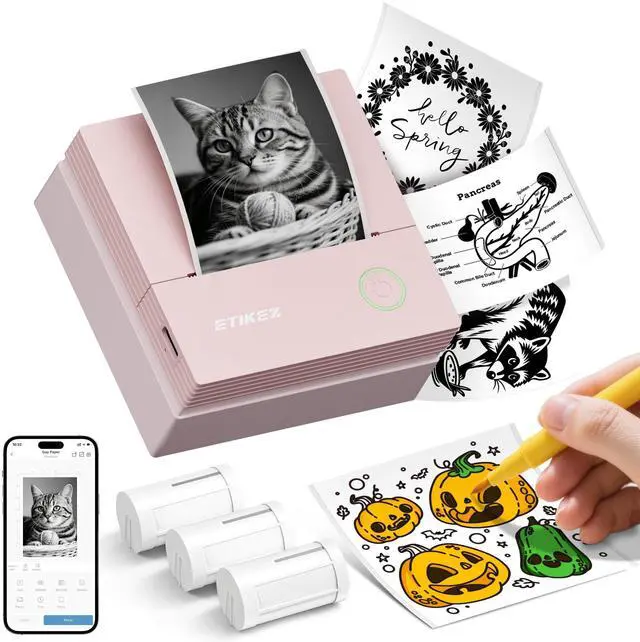 Main image of Sticker Printer, PM290C Thermal Mini Printer, Bluetooth Print Pod with 3 Rolls of Paper, Portable Print Pods for Phone & Tablet, Sticker Maker Machine for Notes, Photos, Journal, Light Pink