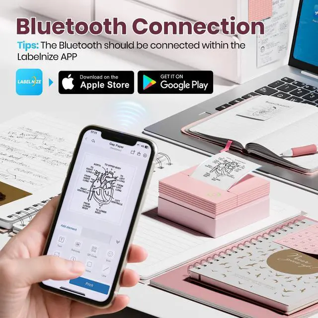 Alt view image 2 of 5 - Sticker Printer, PM290C Thermal Mini Printer, Bluetooth Print Pod with 3 Rolls of Paper, Portable Print Pods for Phone & Tablet, Sticker Maker Machine for Notes, Photos, Journal, Light Pink