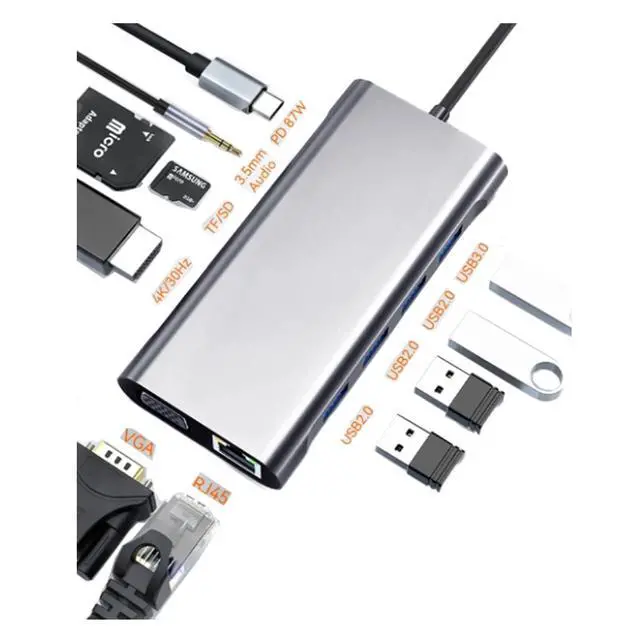 Alt view image 2 of 5 - USB C Laptop Docking Station 11 in 1 Type-C Hub with HDMI,Ethernet,4 USB,VGA,SD TF Card Reader,Audio,PD Compatible with iPhone16/MacBook/Dell/Surface/HP/Lenovo and Other Type C Laptops