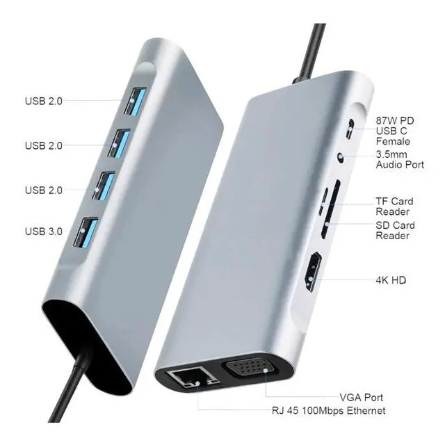 Alt view image 3 of 5 - USB C Laptop Docking Station 11 in 1 Type-C Hub with HDMI,Ethernet,4 USB,VGA,SD TF Card Reader,Audio,PD Compatible with iPhone16/MacBook/Dell/Surface/HP/Lenovo and Other Type C Laptops
