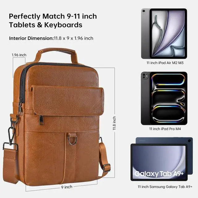 Alt view image 2 of 5 - 11 inch Leather Tablet Carrying Sleeve Case for iPad Air 11 M3 M2 & Pro 11 M4 with Magic Keyboard, Amazon Fire HD 10/Max 11, Galaxy Tab A9+ Plus, Protective Travel Pouch Padded Bag, Brown