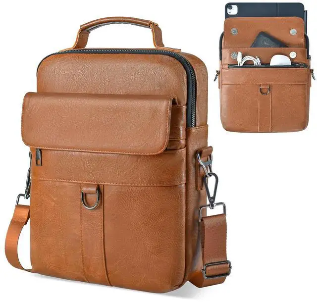 Main image of 11 inch Leather Tablet Carrying Sleeve Case for iPad Air 11 M3 M2 & Pro 11 M4 with Magic Keyboard, Amazon Fire HD 10/Max 11, Galaxy Tab A9+ Plus, Protective Travel Pouch Padded Bag, Brown