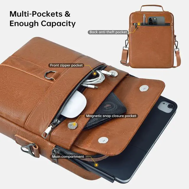 Alt view image 3 of 5 - 11 inch Leather Tablet Carrying Sleeve Case for iPad Air 11 M3 M2 & Pro 11 M4 with Magic Keyboard, Amazon Fire HD 10/Max 11, Galaxy Tab A9+ Plus, Protective Travel Pouch Padded Bag, Brown